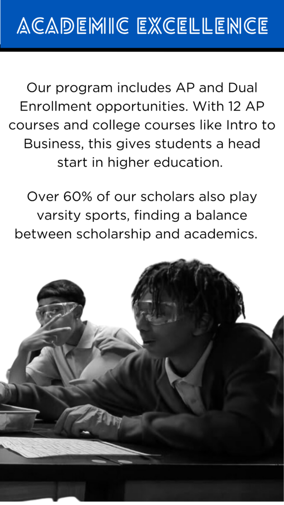 Academic Excellence Our program includes AP and Dual Enrollment opportunities. With 12 AP courses and college courses like Intro to Business, this gives students a head start in higher education. Over 60% of our scholars also play varsity sports, finding a balance between scholarship and academics.